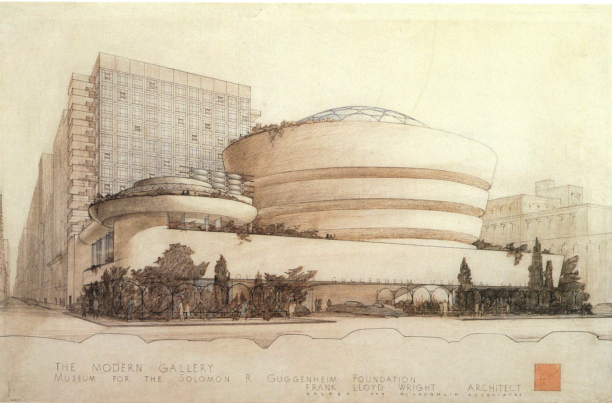 Guggenheim Museum, perspective drawing by Holden & McLaughlin Associates (where FC Wells worked). Circa 1956.